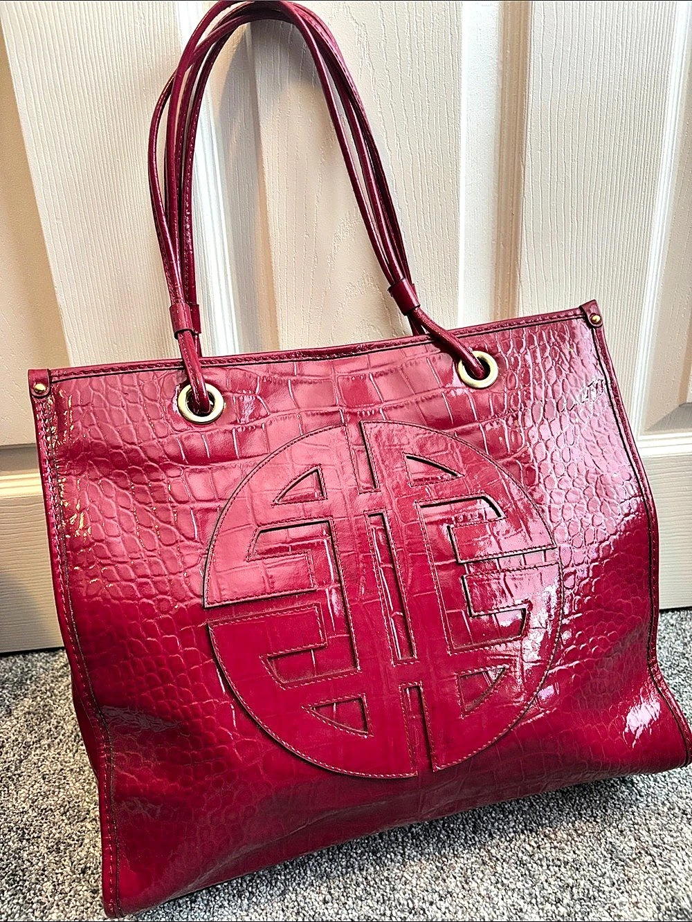 Antonio Melani Fuchsia Croc Embossed Faux Leather Patent Tote Bag